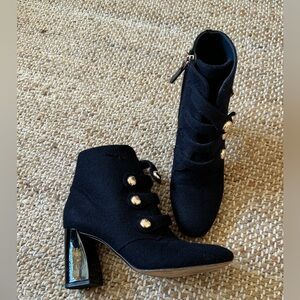 Tory Burch Marisa Women's Boots Black Wool Felt Button Patent Heel Zip